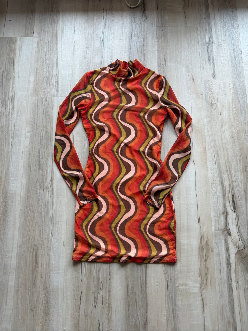 Princess Polly Long Sleeve Wave-Print Mini Dress in Orange, Brown & Pink